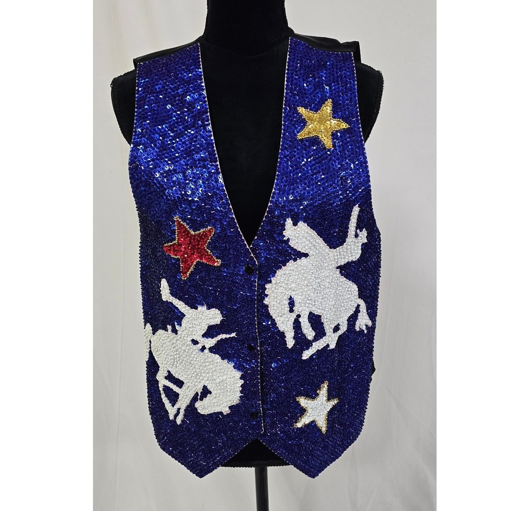Vtg JC 001 USA sequin vest women S Rodeo queen western costume dance patriot